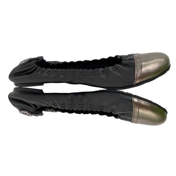 Tory Burch Abbey Black Leather Ballet Flats W/ Metallic Cap Toe Size 7.5 EUC - Picture 7 of 11